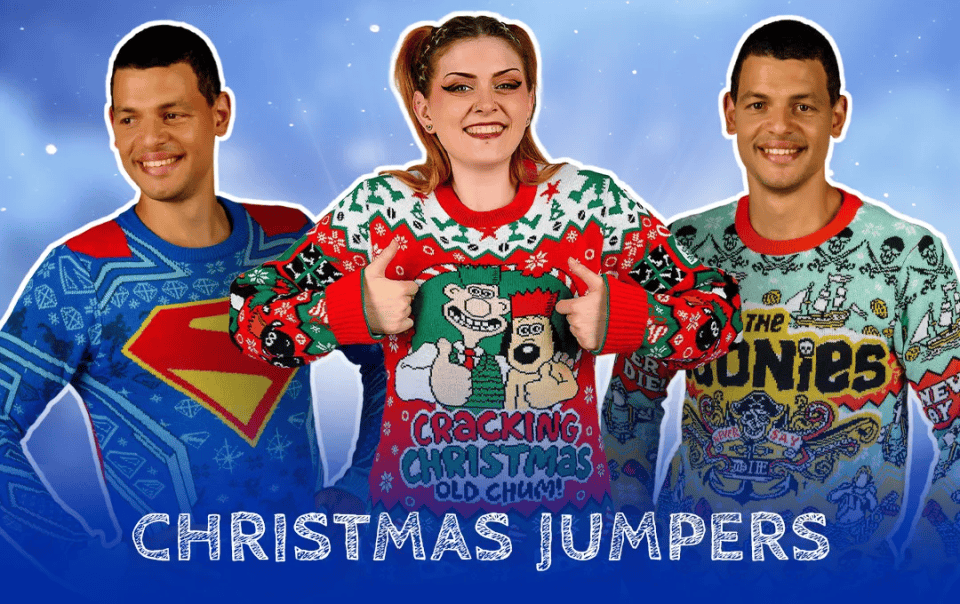 Three people wearing colorful Christmas jumpers with a blue background and text.