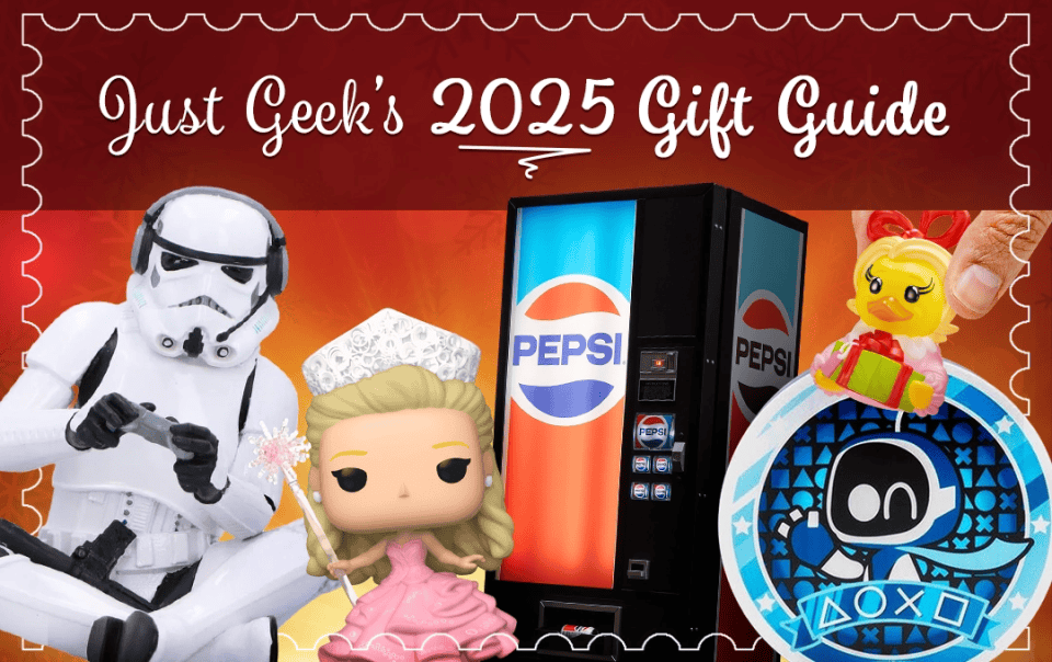 Promotional image for 'Just Geek's 2025 Gift Guide' featuring a stormtrooper, a figure in a wedding dress, a Pepsi vending machine, and a PlayStation controller.