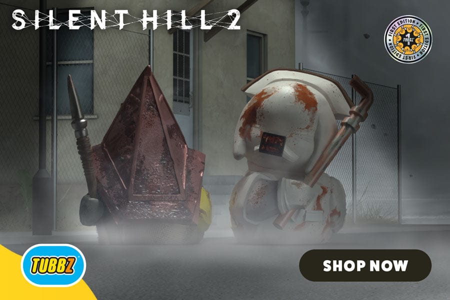 Two mechanical figures from 'Silent Hill 2' on a foggy street with Tubbz branding.