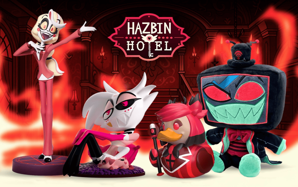 Four animated characters from 'Hazbin Hotel' with the show's logo in the background.