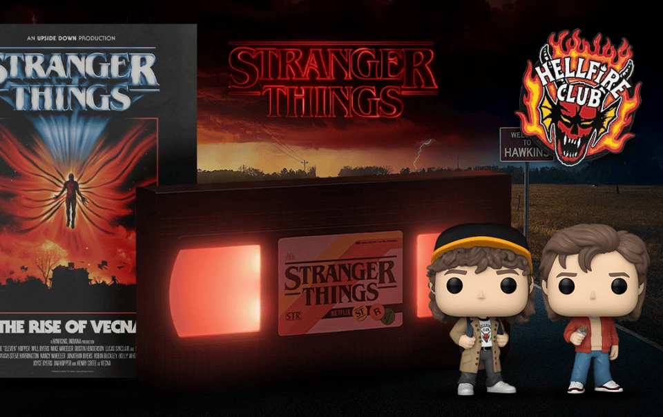 Stranger Things-themed items including a poster, figures, and a sign with 'Hellfire Club' logo.